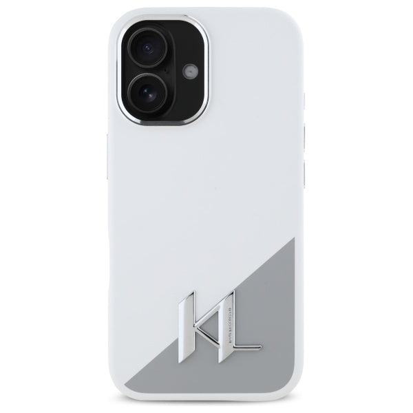 Hoes voor Apple iPhone 16, Karl Lagerfeld, Silicone White Shadow Metal Initial, Wit