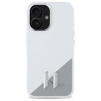 Hoes voor Apple iPhone 16, Karl Lagerfeld, Silicone White Shadow Metal Initial, Wit
