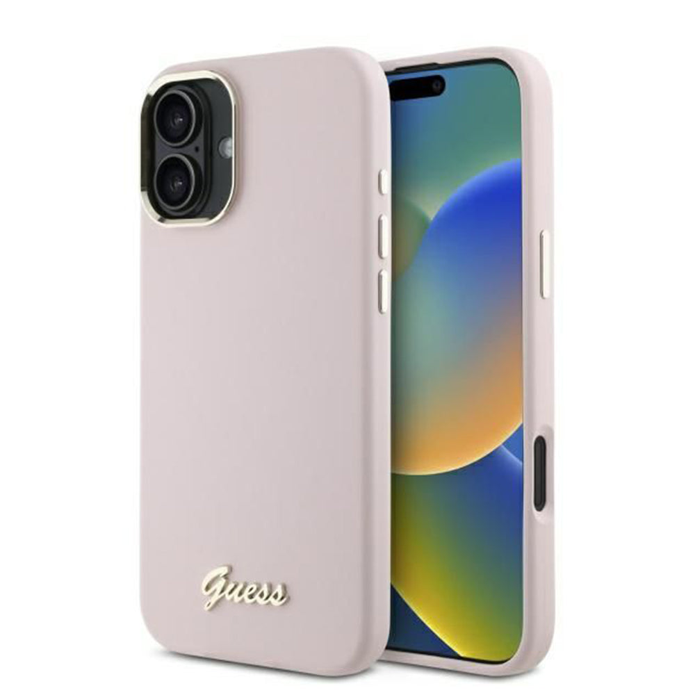 Hoes voor Apple iPhone 16 Plus, Guess, Script Metal Logo & Frame, Roze