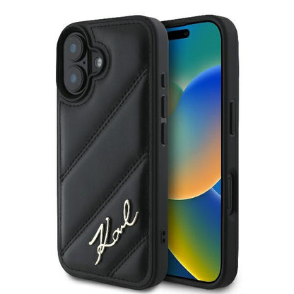 Hoes voor Apple iPhone 16 Plus, Karl Lagerfeld, Diagonal Quilted Script, Zwart