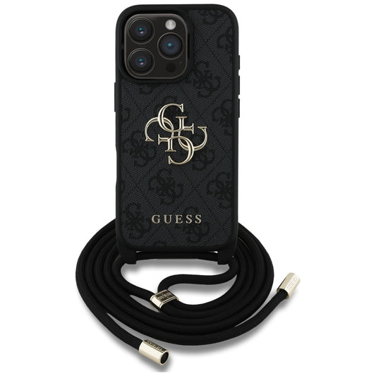 Hoes voor Apple iPhone 16 Pro, Guess, 4G CBDY Big Logo met Koordriem, Zwart