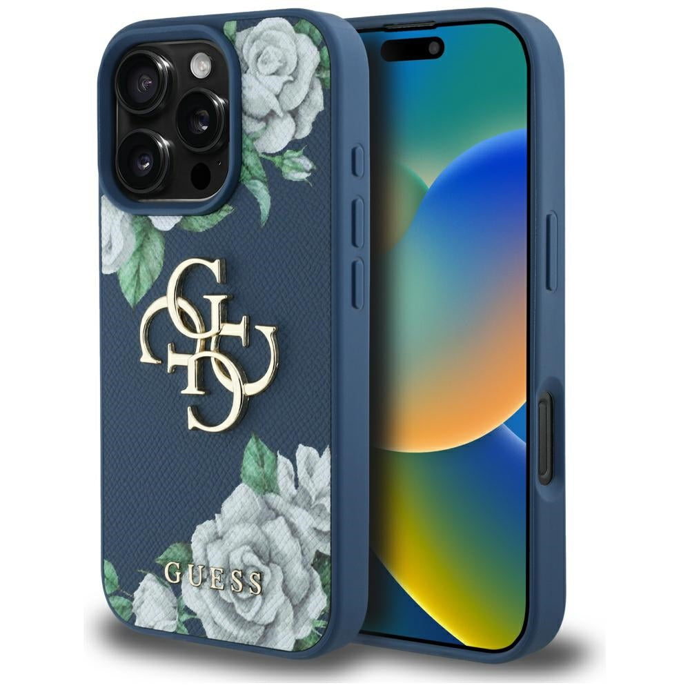 Hoes voor Apple iPhone 16 Pro, Guess, 4G Grained Roses Big Logo, Blauw