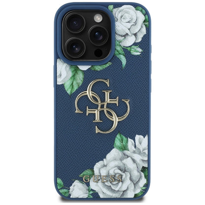 Hoes voor Apple iPhone 16 Pro, Guess, 4G Grained Roses Big Logo, Blauw
