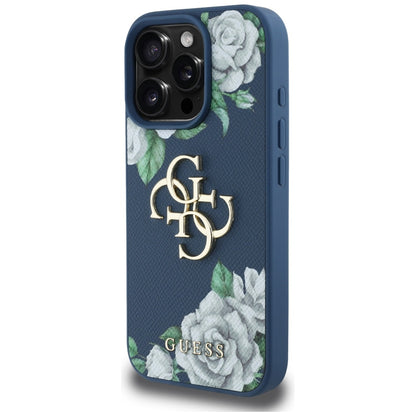 Hoes voor Apple iPhone 16 Pro, Guess, 4G Grained Roses Big Logo, Blauw