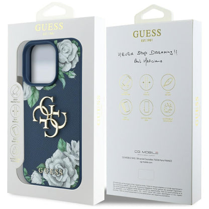 Hoes voor Apple iPhone 16 Pro, Guess, 4G Grained Roses Big Logo, Blauw