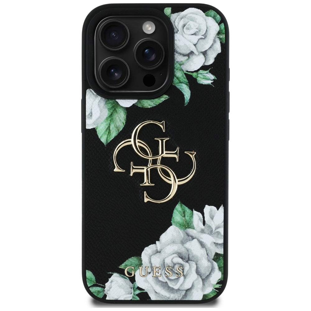 Hoes voor Apple iPhone 16 Pro, Guess, 4G Grained Roses Big Logo, Zwart