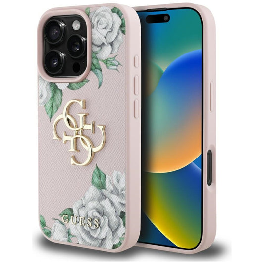 Hoes voor Apple iPhone 16 Pro, Guess, 4G Grained Roses Big Logo, Roze