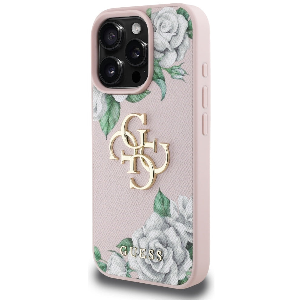 Hoes voor Apple iPhone 16 Pro, Guess, 4G Grained Roses Big Logo, Roze