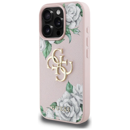 Hoes voor Apple iPhone 16 Pro, Guess, 4G Grained Roses Big Logo, Roze