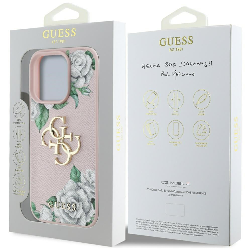 Hoes voor Apple iPhone 16 Pro, Guess, 4G Grained Roses Big Logo, Roze