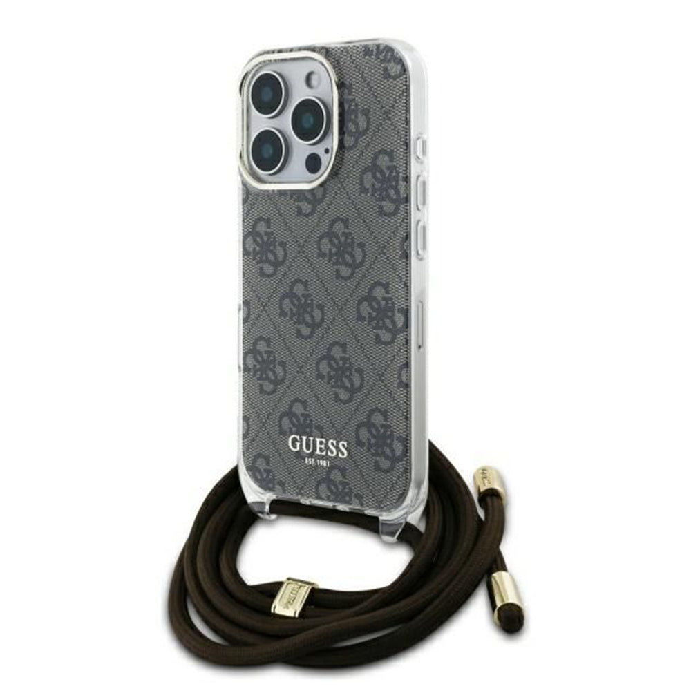 Hoes voor Apple iPhone 16 Pro, Guess, Crossbody Cord 4G Print, Bruin