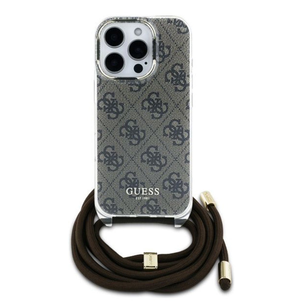 Hoes voor Apple iPhone 16 Pro, Guess, Crossbody Cord 4G Print, Bruin