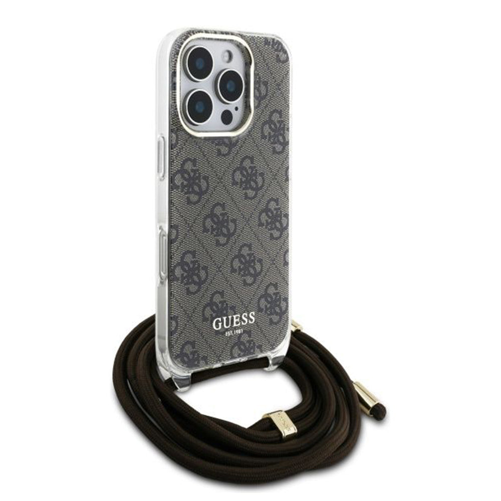 Hoes voor Apple iPhone 16 Pro, Guess, Crossbody Cord 4G Print, Bruin
