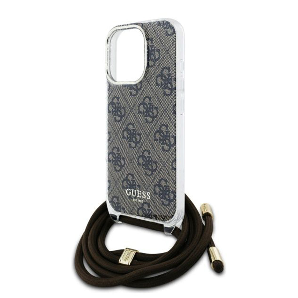 Hoes voor Apple iPhone 16 Pro, Guess, Crossbody Cord 4G Print, Bruin
