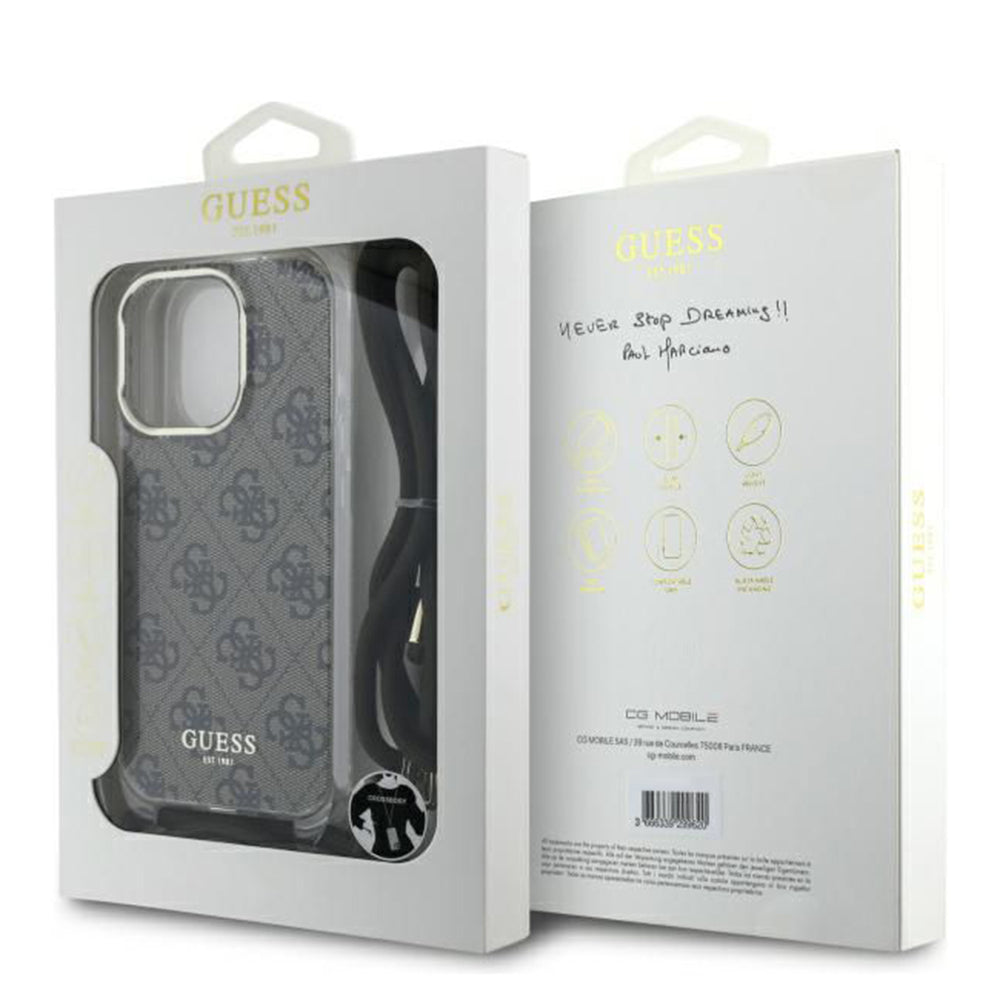 Hoes voor Apple iPhone 16 Pro, Guess, Crossbody Cord 4G Print, Bruin