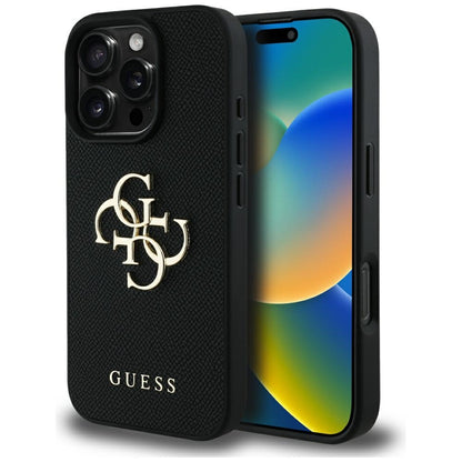 Hoes voor Apple iPhone 16 Pro, Guess, Grained Big 4G Logo Small Classic Logo, Zwart