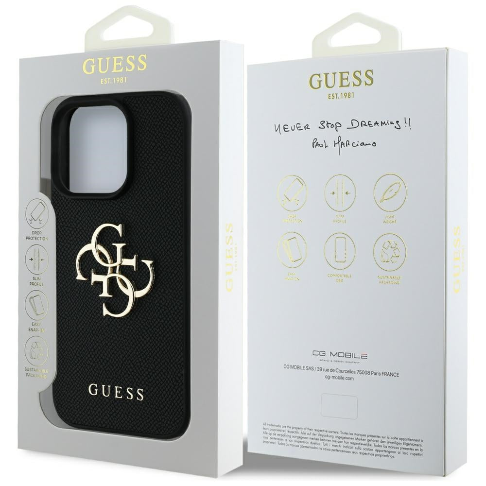 Hoes voor Apple iPhone 16 Pro, Guess, Grained Big 4G Logo Small Classic Logo, Zwart