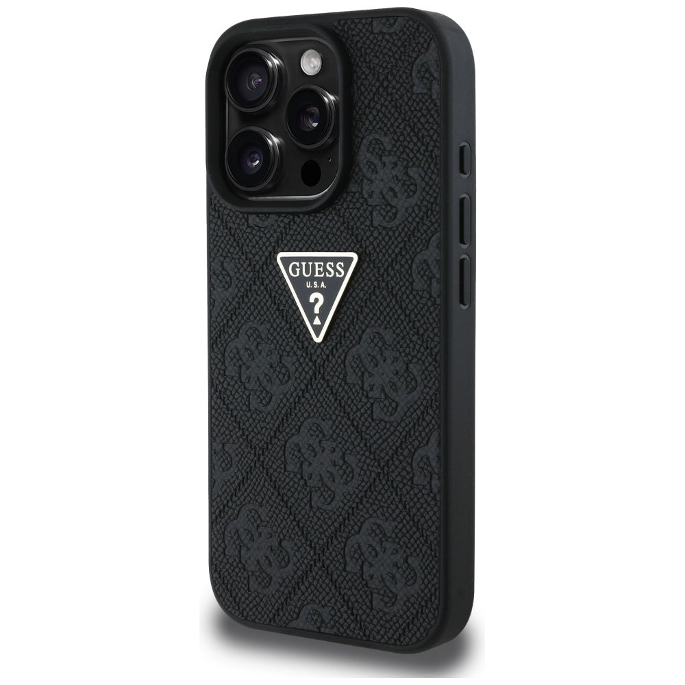 Hoes voor Apple iPhone 16 Pro, Guess, Hot Stamp 4G Pattern Triangle Logo, Zwart