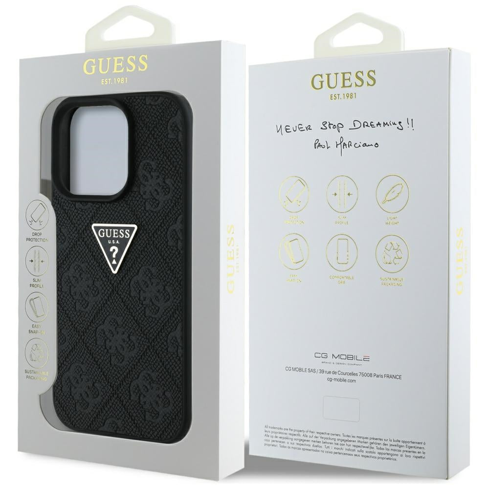 Hoes voor Apple iPhone 16 Pro, Guess, Hot Stamp 4G Pattern Triangle Logo, Zwart
