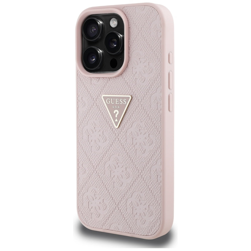Hoes voor Apple iPhone 16 Pro, Guess, Hot Stamp 4G Pattern Triangle Logo, Roze