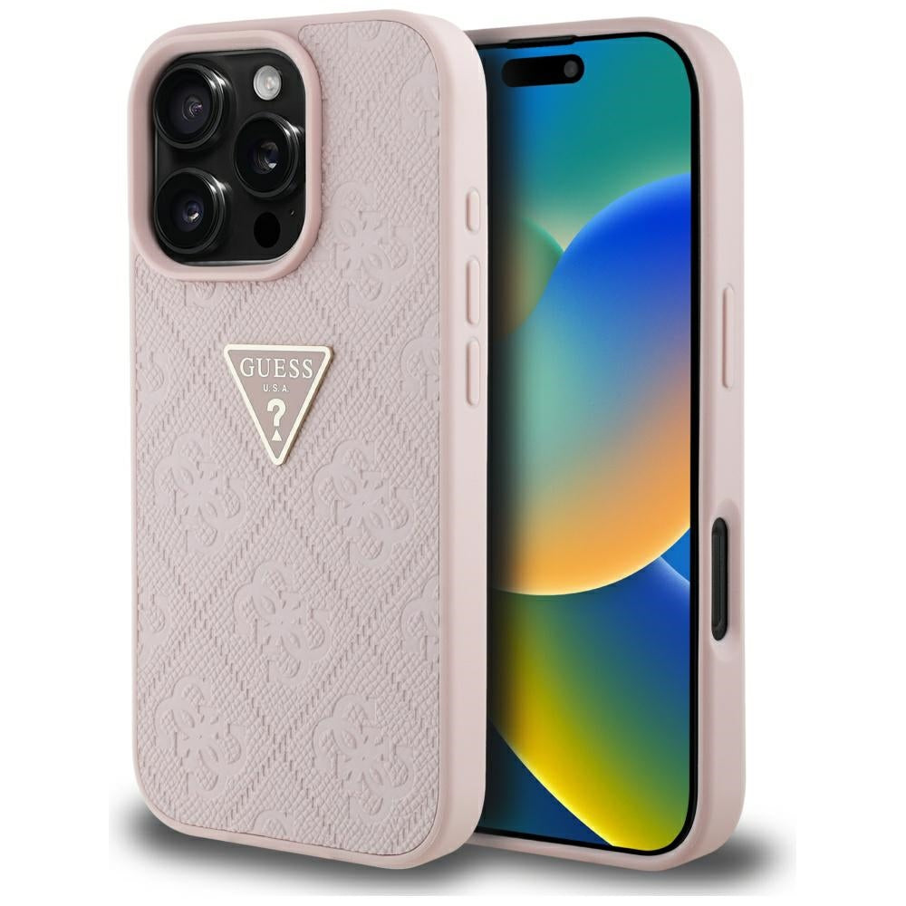 Hoes voor Apple iPhone 16 Pro, Guess, Hot Stamp 4G Pattern Triangle Logo, Roze