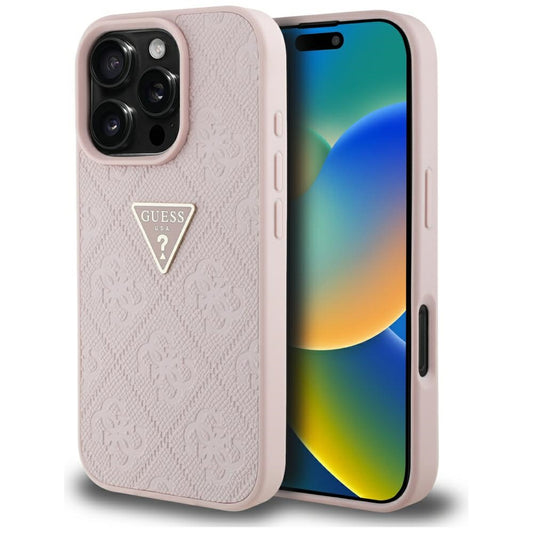 Hoes voor Apple iPhone 16 Pro, Guess, Hot Stamp 4G Pattern Triangle Logo, Roze