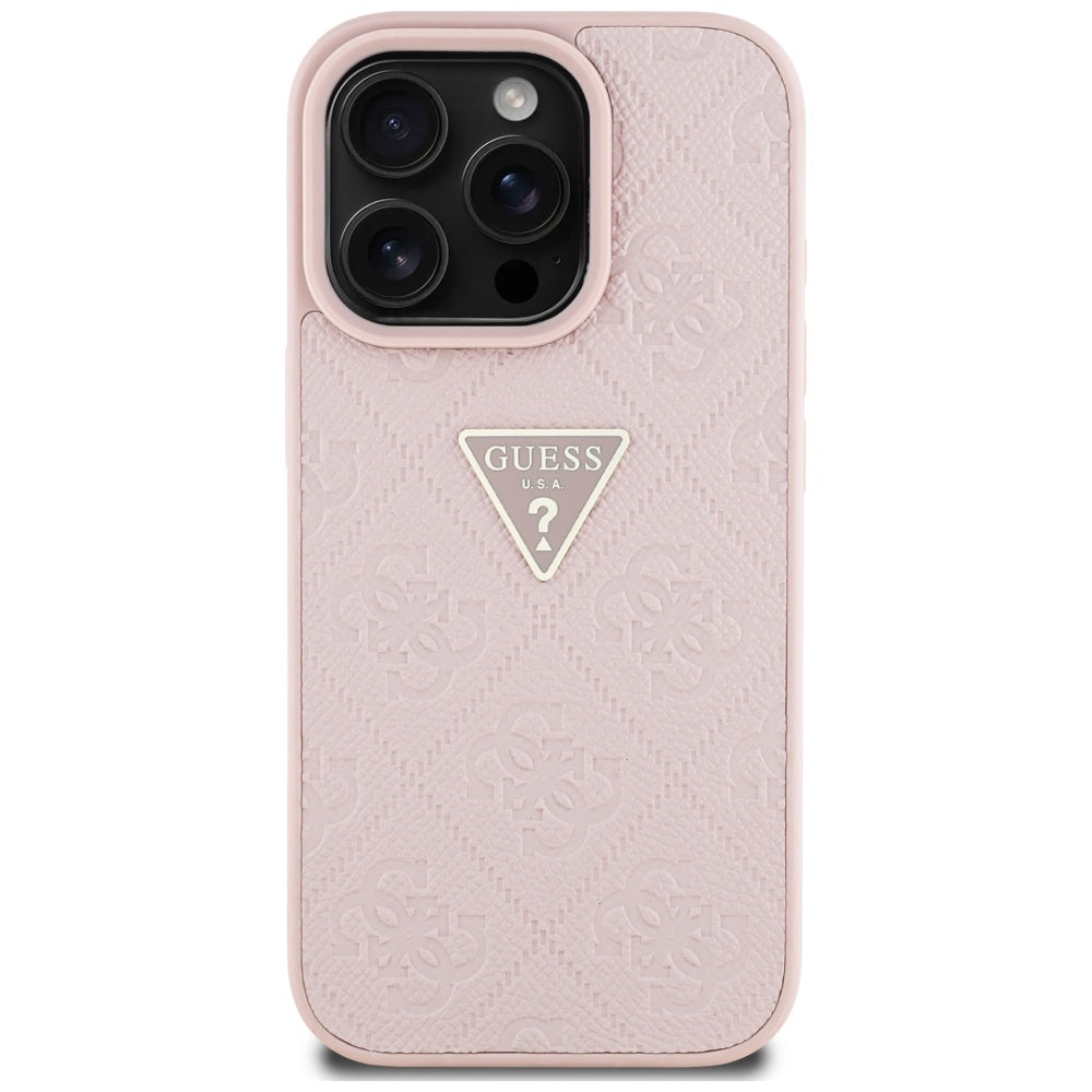 Hoes voor Apple iPhone 16 Pro, Guess, Hot Stamp 4G Pattern Triangle Logo, Roze