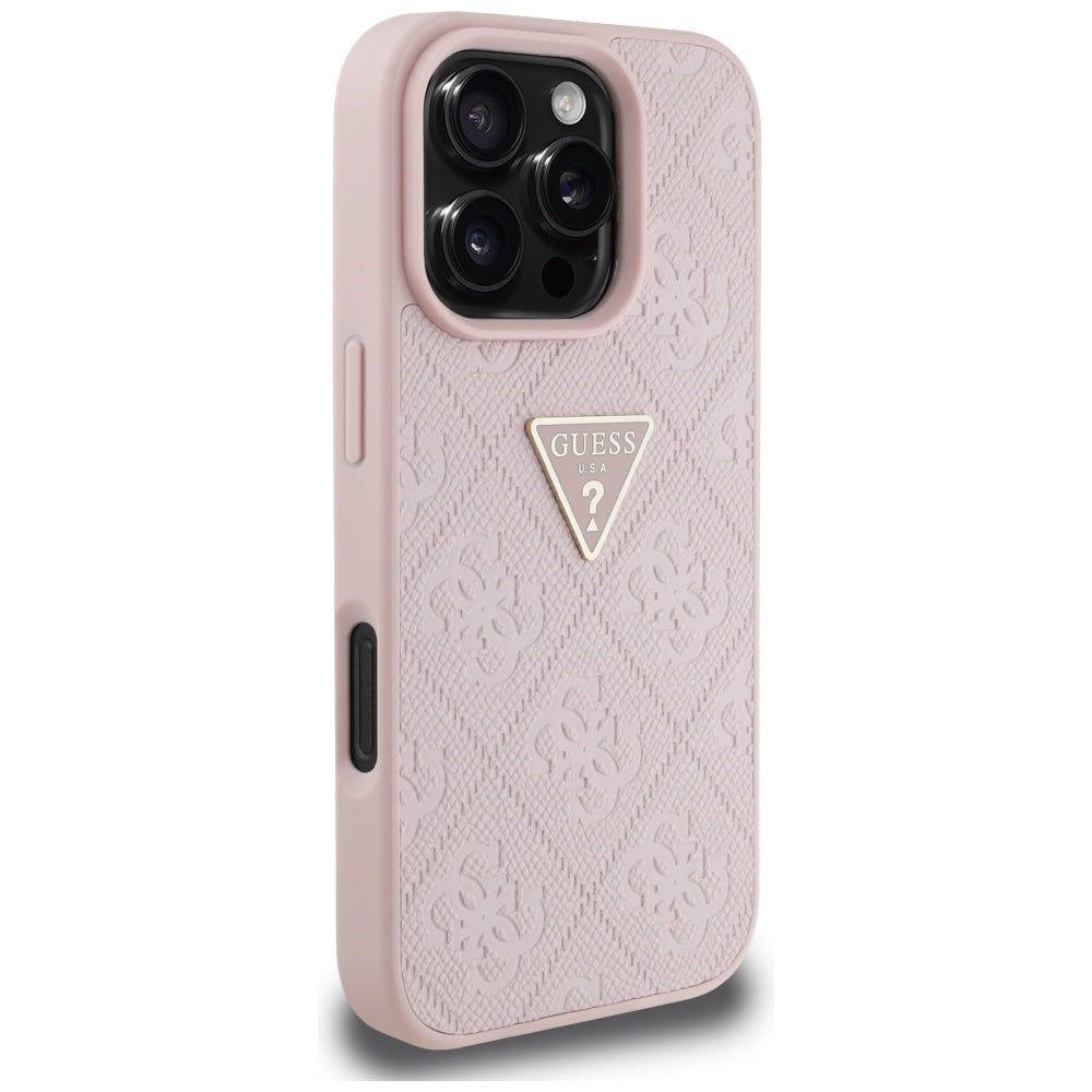 Hoes voor Apple iPhone 16 Pro, Guess, Hot Stamp 4G Pattern Triangle Logo, Roze