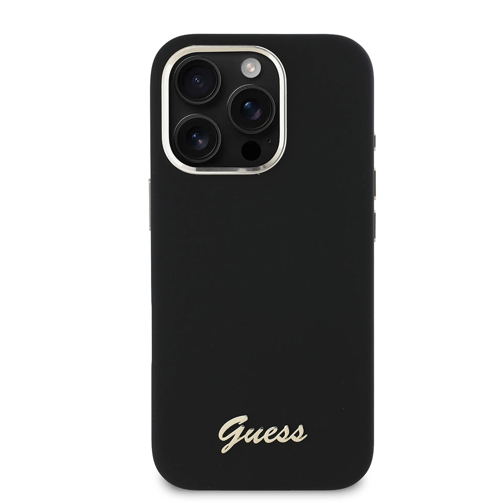 Hoesje voor Apple iPhone 16 Pro, Guess, Script Metal Logo & Frame, Zwart