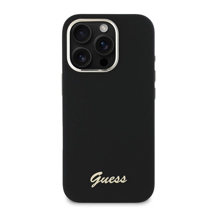 Hoesje voor Apple iPhone 16 Pro, Guess, Script Metal Logo & Frame, Zwart