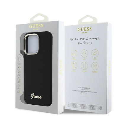 Hoesje voor Apple iPhone 16 Pro, Guess, Script Metal Logo & Frame, Zwart