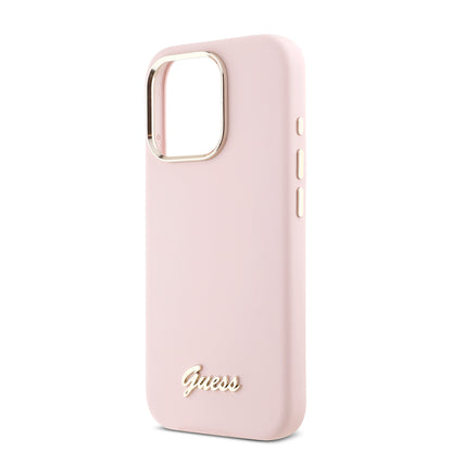 Hoes voor Apple iPhone 16 Pro, Guess, Script Metal Logo & Frame, Roze