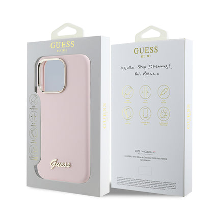 Hoes voor Apple iPhone 16 Pro, Guess, Script Metal Logo & Frame, Roze