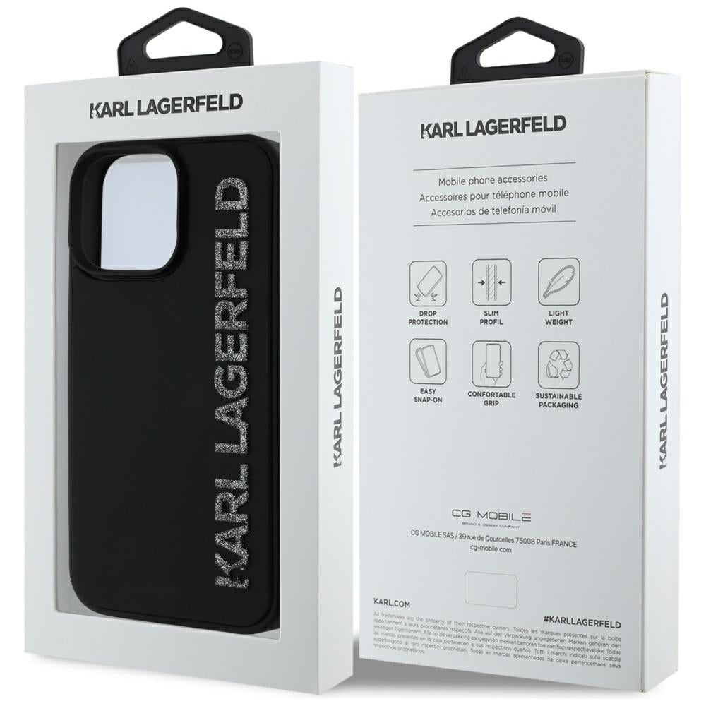 Hoes voor Apple iPhone 16 Pro, Karl Lagerfeld, 3D Rubber Elongated Glitter Logo, Zwart