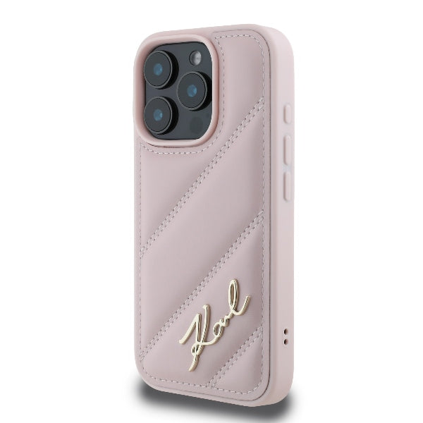 Hoes voor Apple iPhone 16 Pro, Karl Lagerfeld, Diagonal Quilted Script, Roze