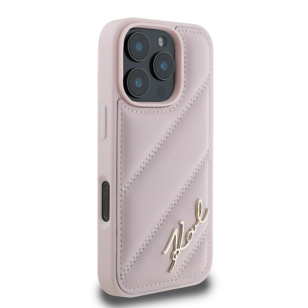 Hoes voor Apple iPhone 16 Pro, Karl Lagerfeld, Diagonal Quilted Script, Roze