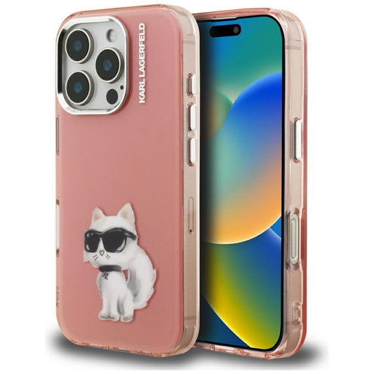 Hoes voor Apple iPhone 16 Pro, Karl Lagerfeld, IML Aquarelle Logo Choupette, Roze