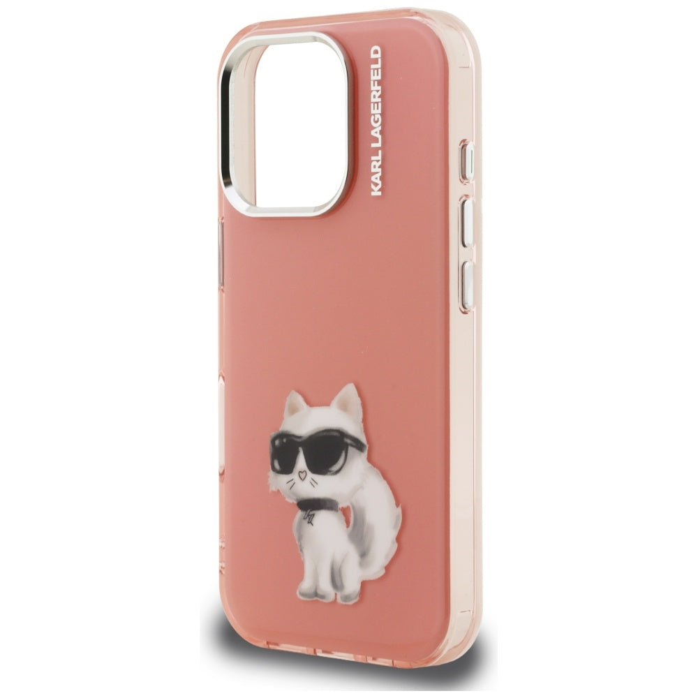 Hoes voor Apple iPhone 16 Pro, Karl Lagerfeld, IML Aquarelle Logo Choupette, Roze