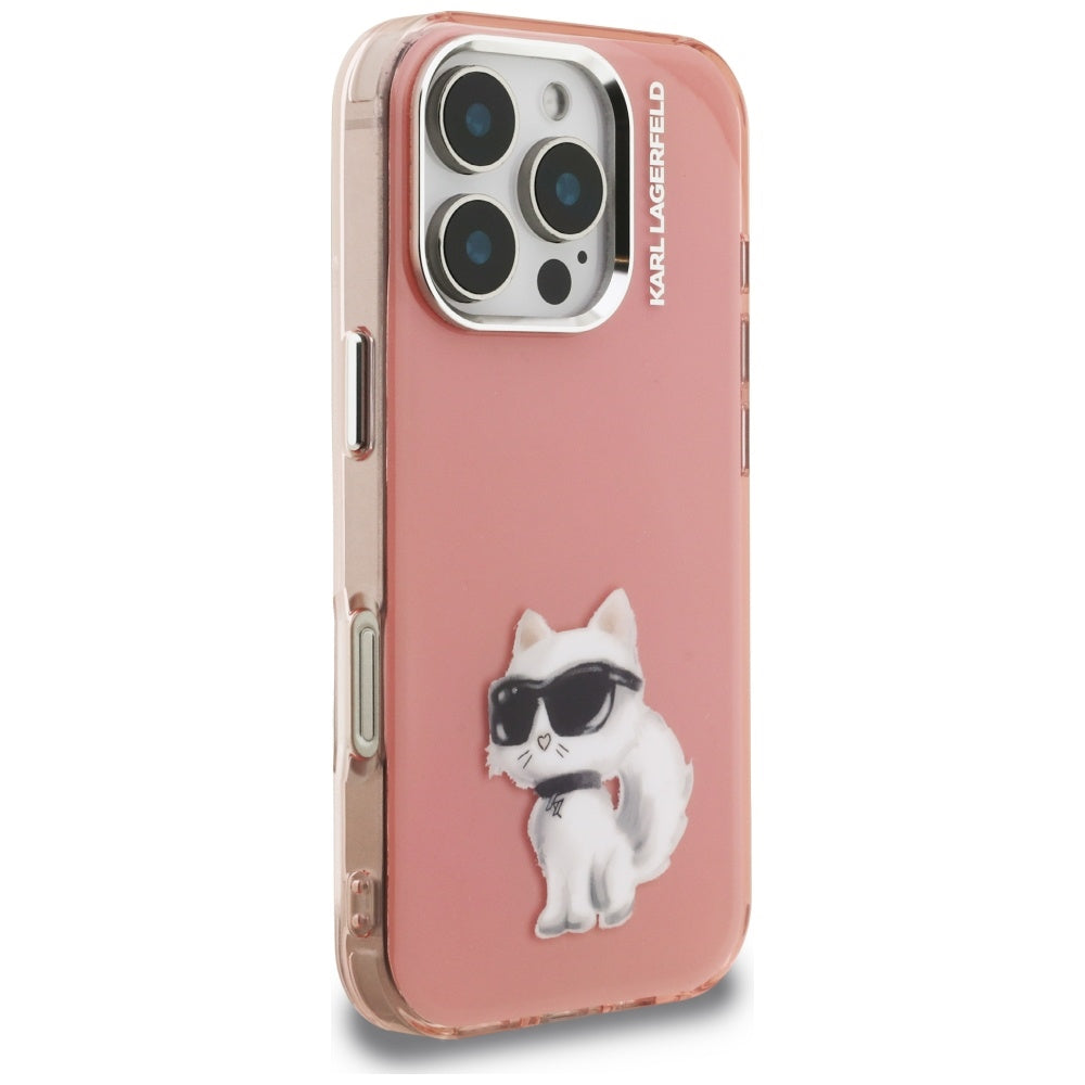 Hoes voor Apple iPhone 16 Pro, Karl Lagerfeld, IML Aquarelle Logo Choupette, Roze