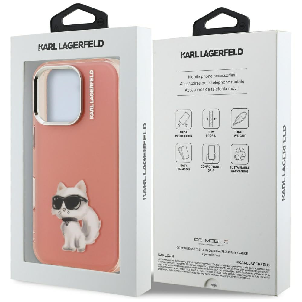 Hoes voor Apple iPhone 16 Pro, Karl Lagerfeld, IML Aquarelle Logo Choupette, Roze