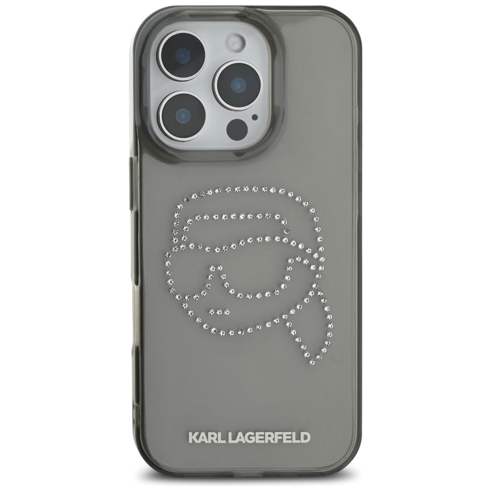 Hoes voor Apple iPhone 16 Pro, Karl Lagerfeld, IML Rhinestones Karl's Head, Zwart