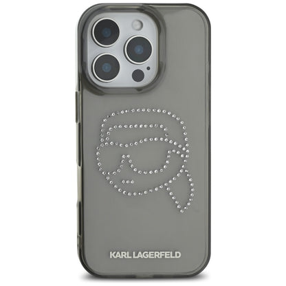 Hoes voor Apple iPhone 16 Pro, Karl Lagerfeld, IML Rhinestones Karl's Head, Zwart