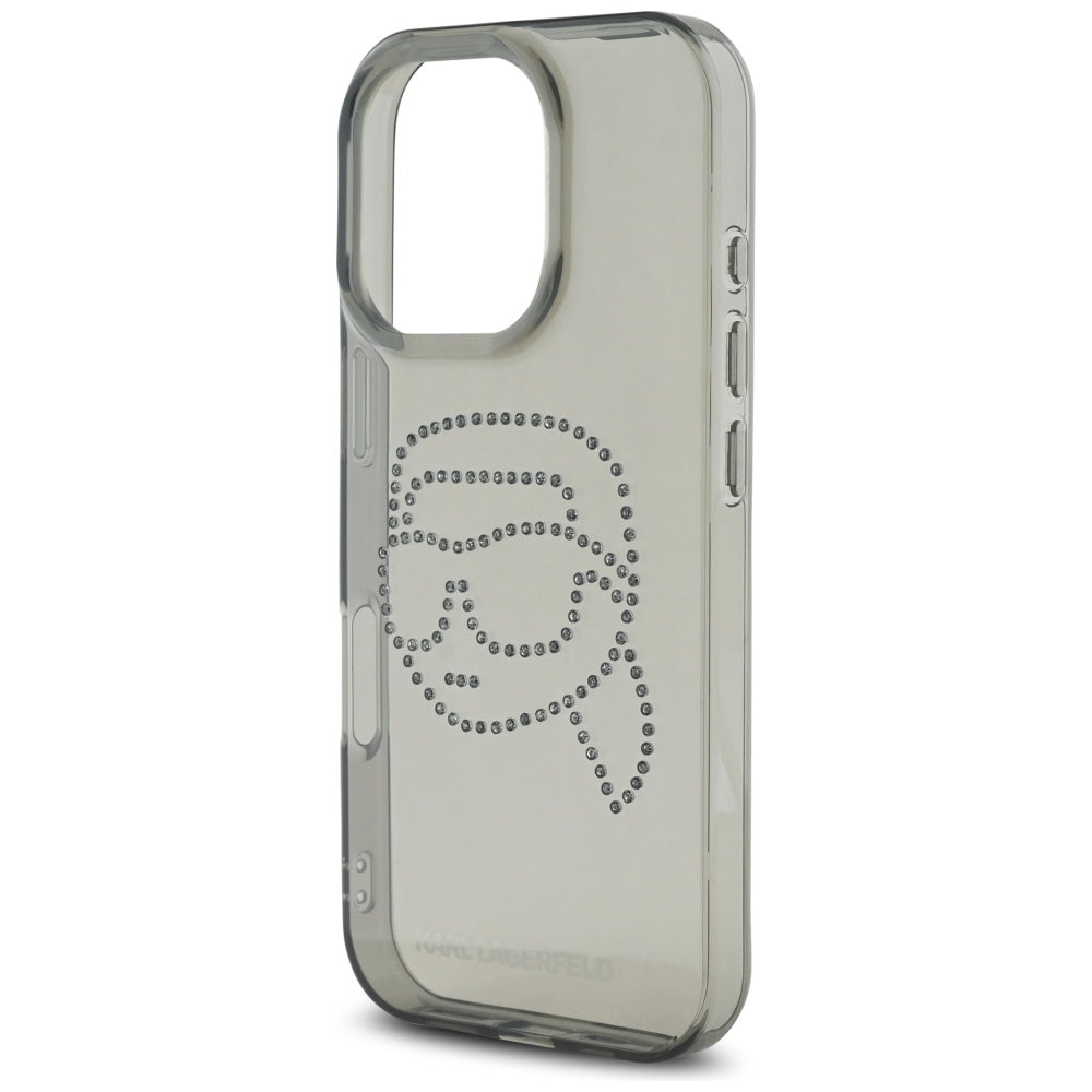 Hoes voor Apple iPhone 16 Pro, Karl Lagerfeld, IML Rhinestones Karl's Head, Zwart