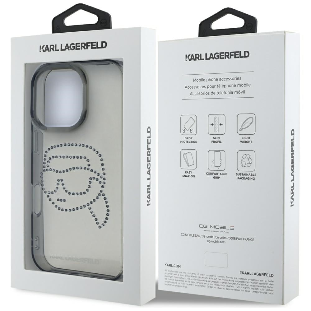Hoes voor Apple iPhone 16 Pro, Karl Lagerfeld, IML Rhinestones Karl's Head, Zwart