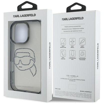 Hoes voor Apple iPhone 16 Pro, Karl Lagerfeld, IML Rhinestones Karl's Head, Zwart