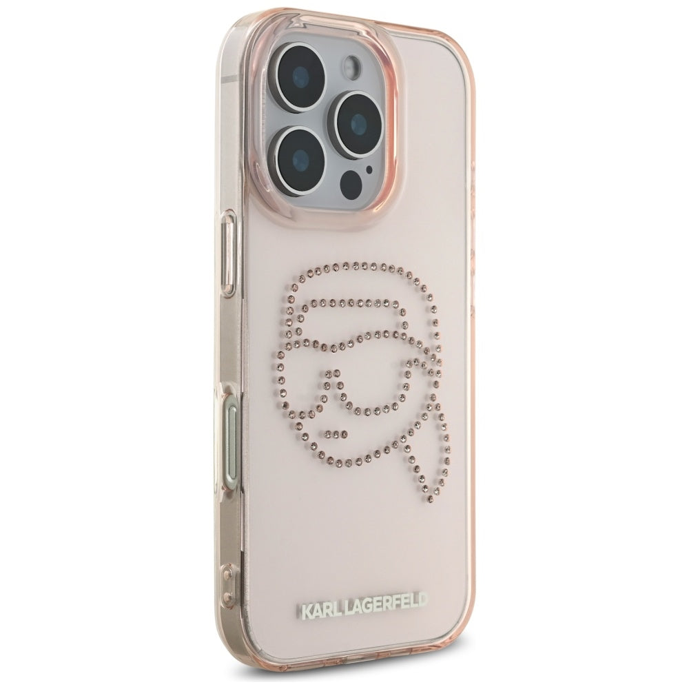 Hoes voor Apple iPhone 16 Pro, Karl Lagerfeld, IML Rhinestones Karl's Head, Roze