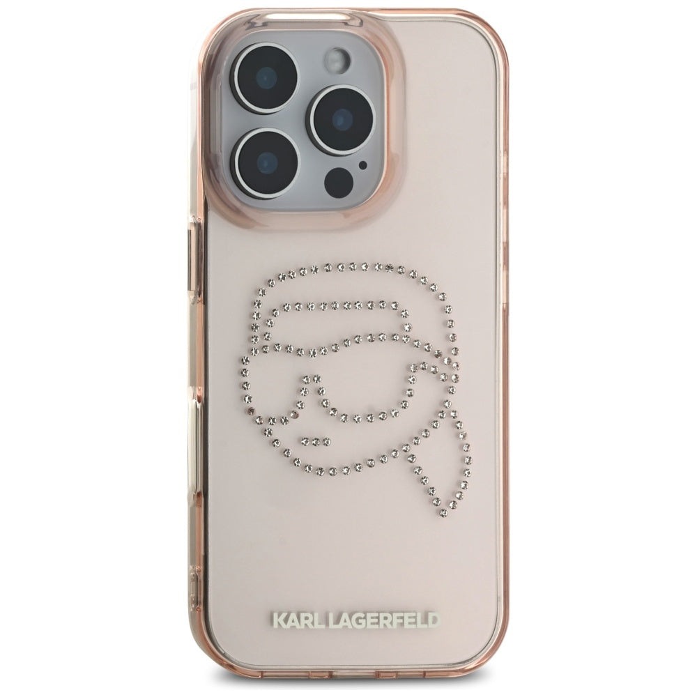 Hoes voor Apple iPhone 16 Pro, Karl Lagerfeld, IML Rhinestones Karl's Head, Roze