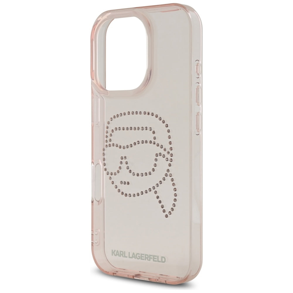 Hoes voor Apple iPhone 16 Pro, Karl Lagerfeld, IML Rhinestones Karl's Head, Roze