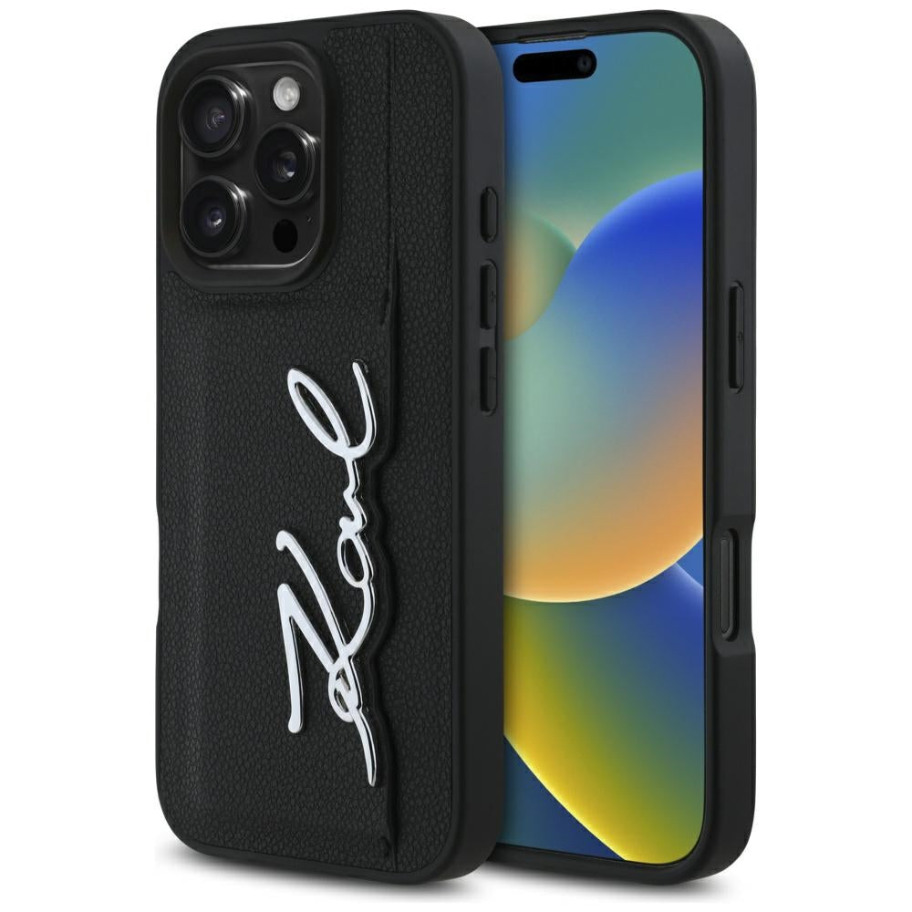 Hoes voor Apple iPhone 16 Pro, Karl Lagerfeld, Metal Signature, Zwart