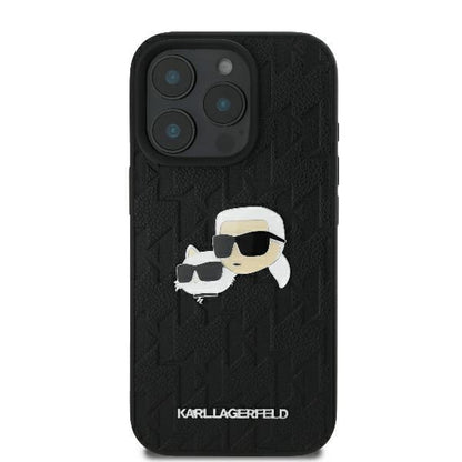 Hoes voor Apple iPhone 16 Pro, Karl Lagerfeld, Monogram Karl & Choupette's Heads, Zwart
